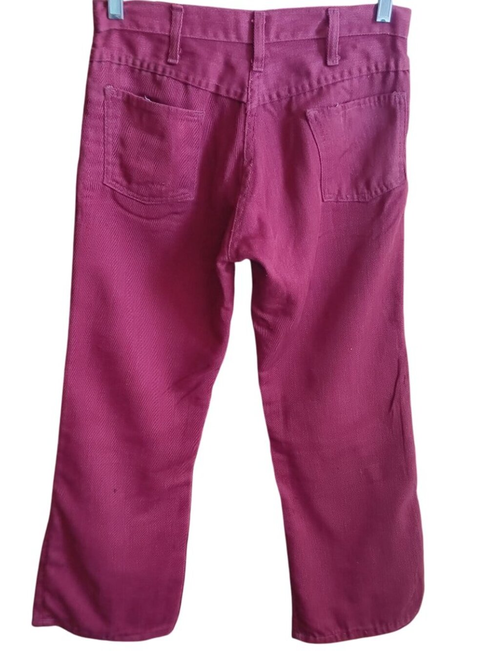 Vintage Mens Boootcut Jeans 29x27 70s PAINT RELIC BURGUNDY FLARE HIPPY JEANS